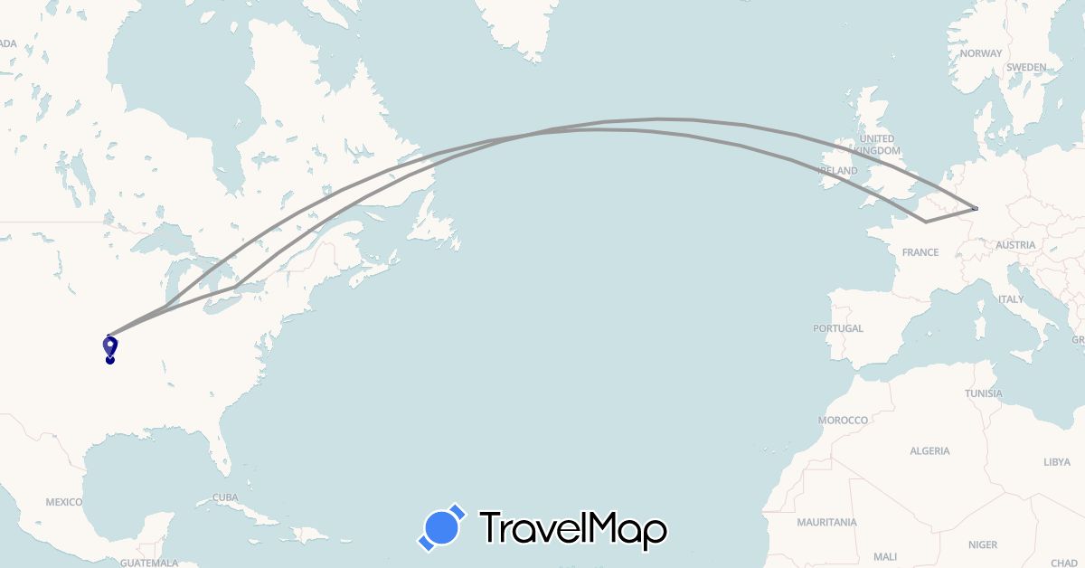TravelMap itinerary: driving, plane in Canada, Germany, France, United States (Europe, North America)